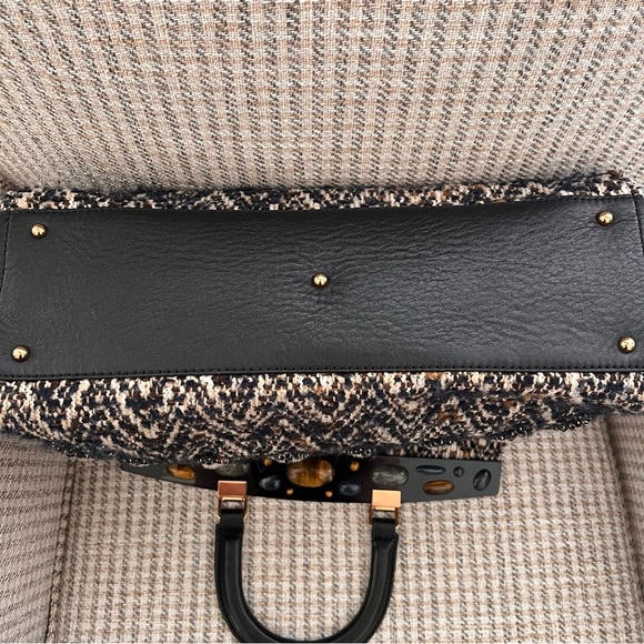 Tory Burch Suede Shearling Fur Embellished Tweed Altersee Chevron Handbag - Picture 4 of 9